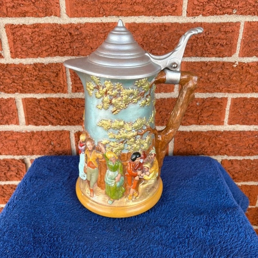 Vintage Stanco Japan Relief Beer Stein Tavern Scene Hinged Metal Lid*